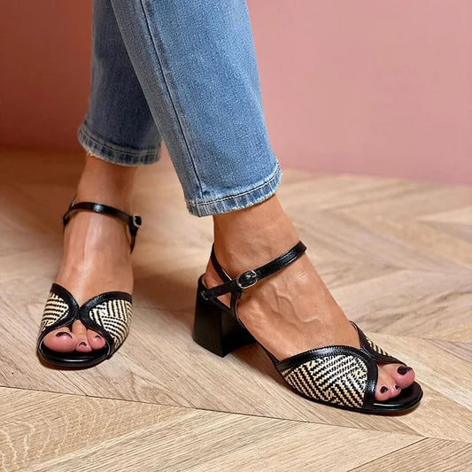 RACHELE | SANDALES EN TISSU TRESSÉ AVEC TALON LARGE