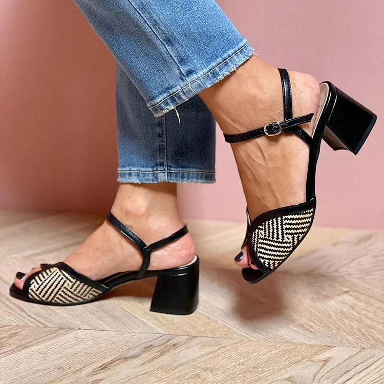 RACHELE | SANDALES EN TISSU TRESSÉ AVEC TALON LARGE