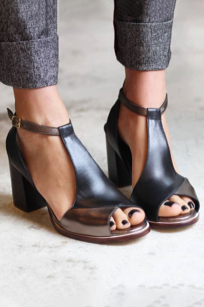 Anyao™ Sandales Élégants à Talons et Bout Ouvert en Patchwork Noir – Parfaits pour Toutes les Occasions