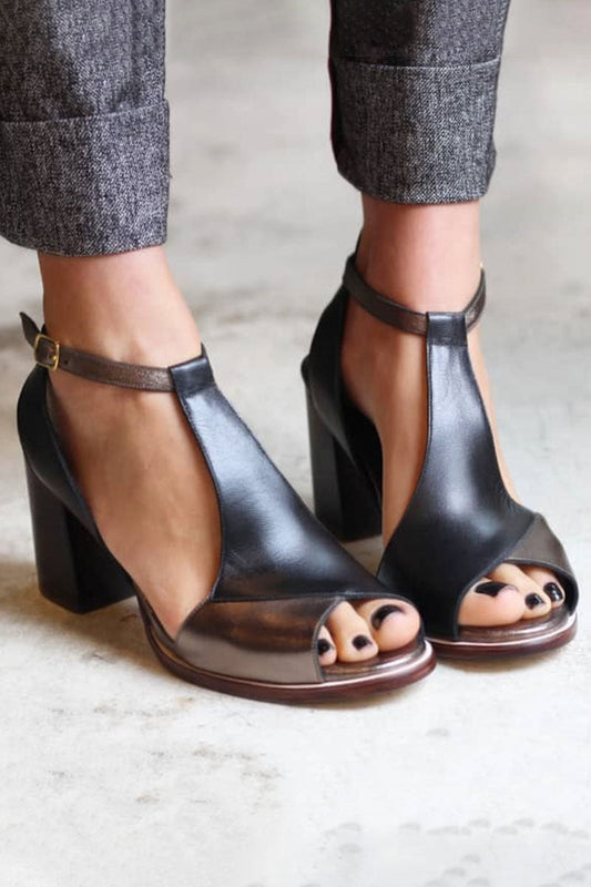 Anyao™ Sandales Élégants à Talons et Bout Ouvert en Patchwork Noir – Parfaits pour Toutes les Occasions