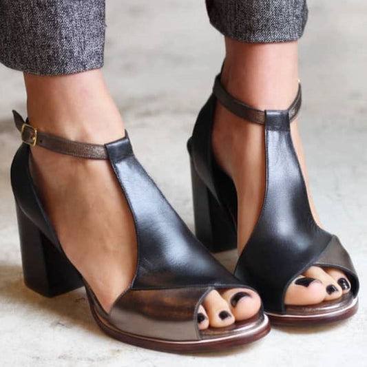 Anyao™ Sandales Élégants à Talons et Bout Ouvert en Patchwork Noir – Parfaits pour Toutes les Occasions