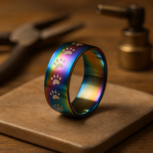 Bague en acier inoxydable colorée arc-en-ciel faite à la main avec empreinte de patte.